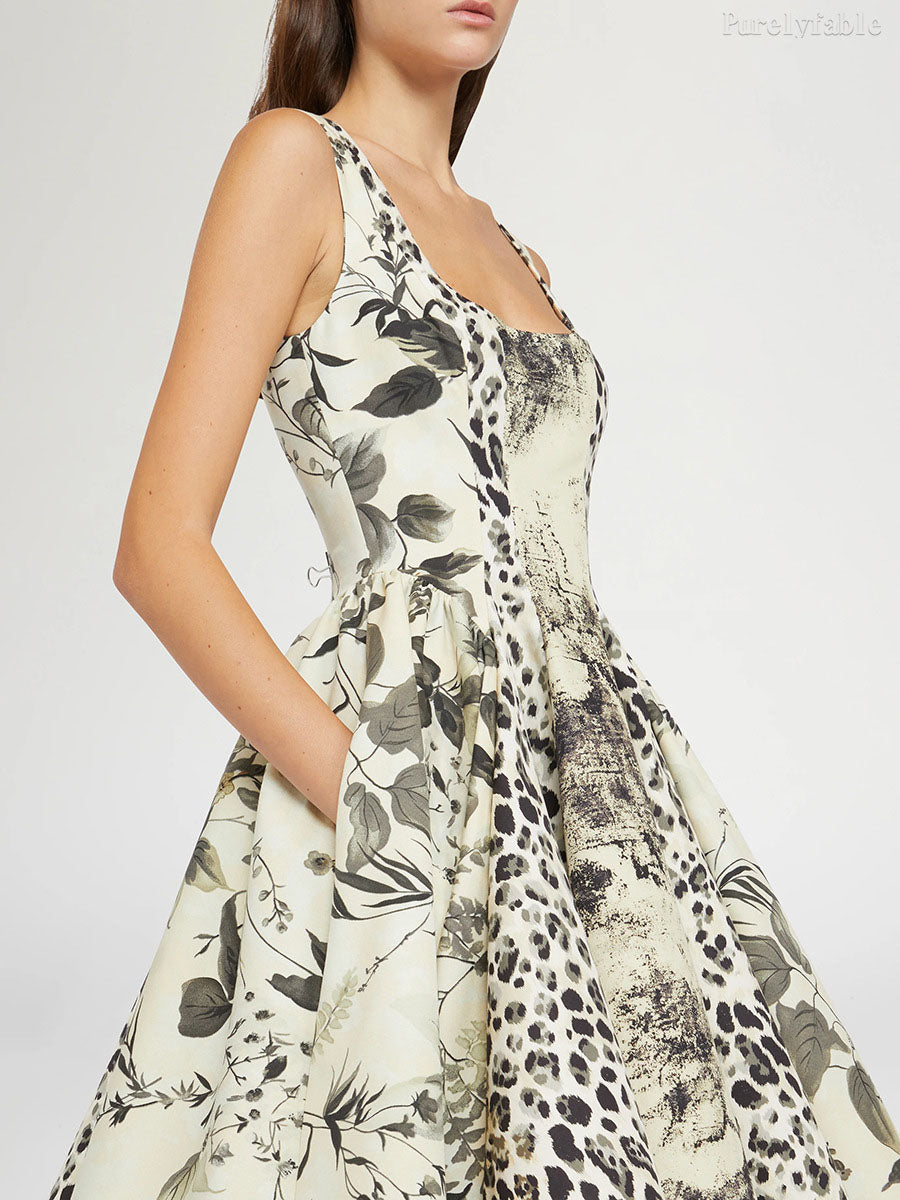 Olive-Print Belted Midi Dress