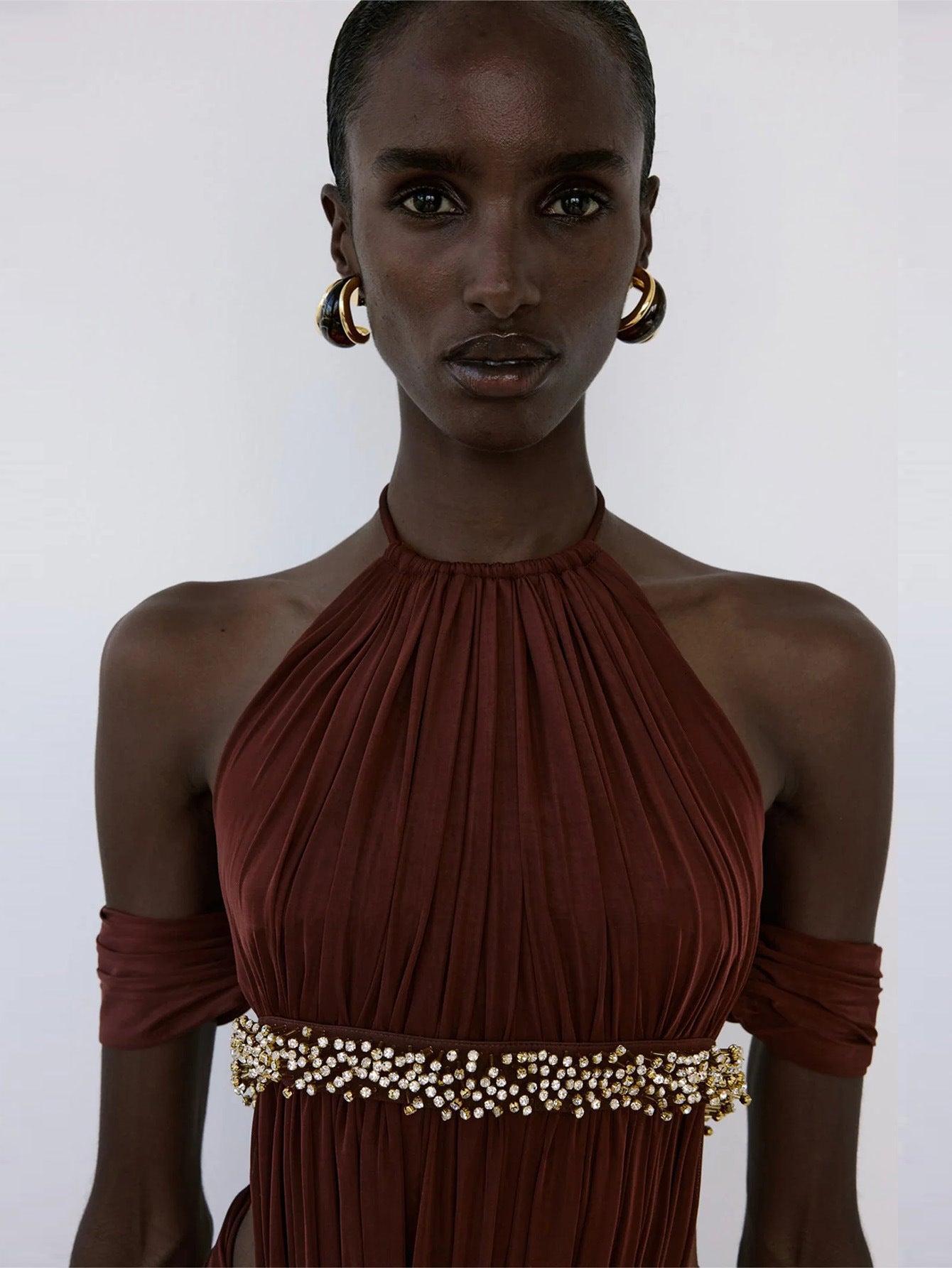 Evanna Deep Red Pleated Flowing Dress