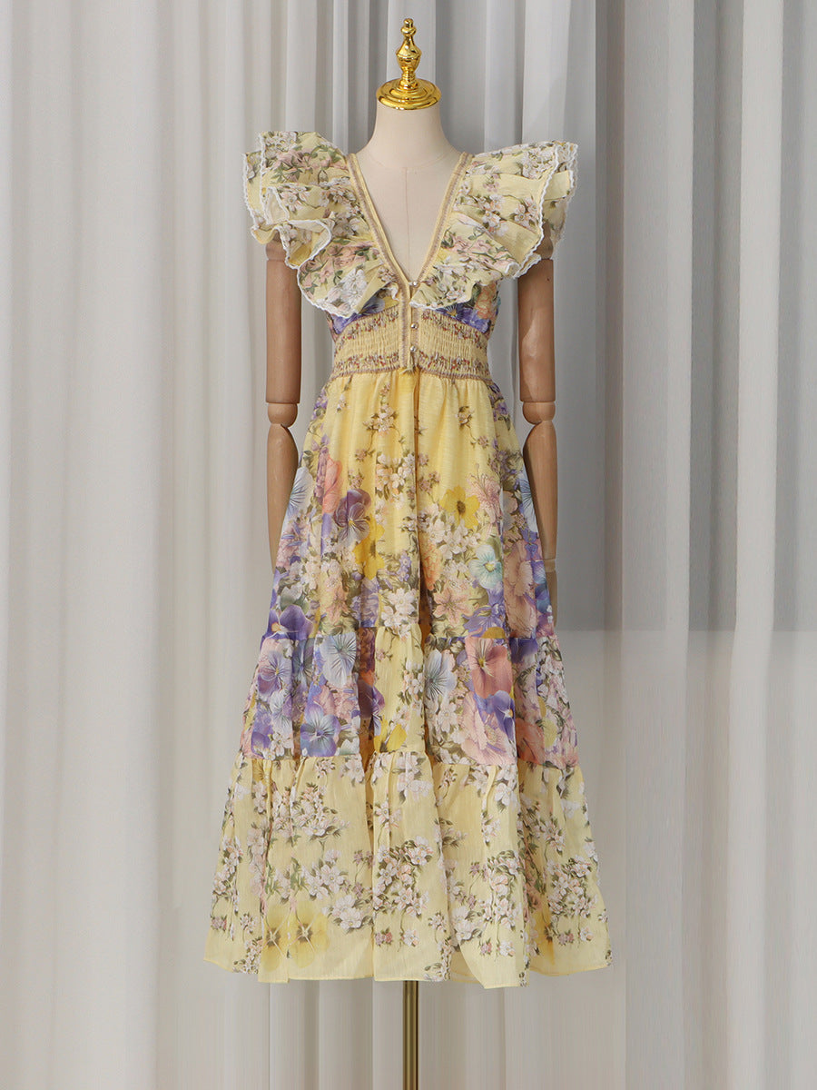 Bellatrix Yellow V-Neck Ruffled Midi Dress