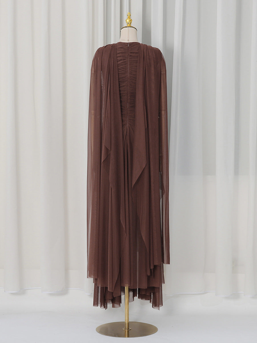 Helena Brown Draped Cape Dress