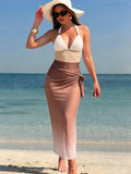 Eliana Brown Mesh Swimsuit With Wrapped Skirt Two-Piece Set