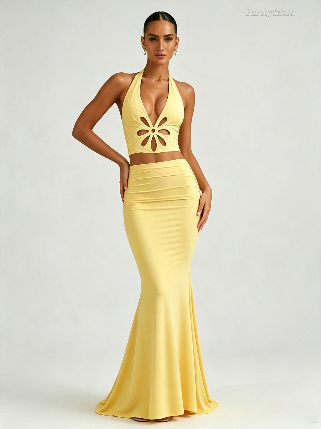 Helena Yellow Open-Back Fish-Tail Skirt Set