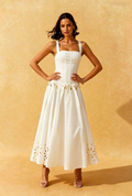 Helena White Square Neck Waist Hollow Flower Dress