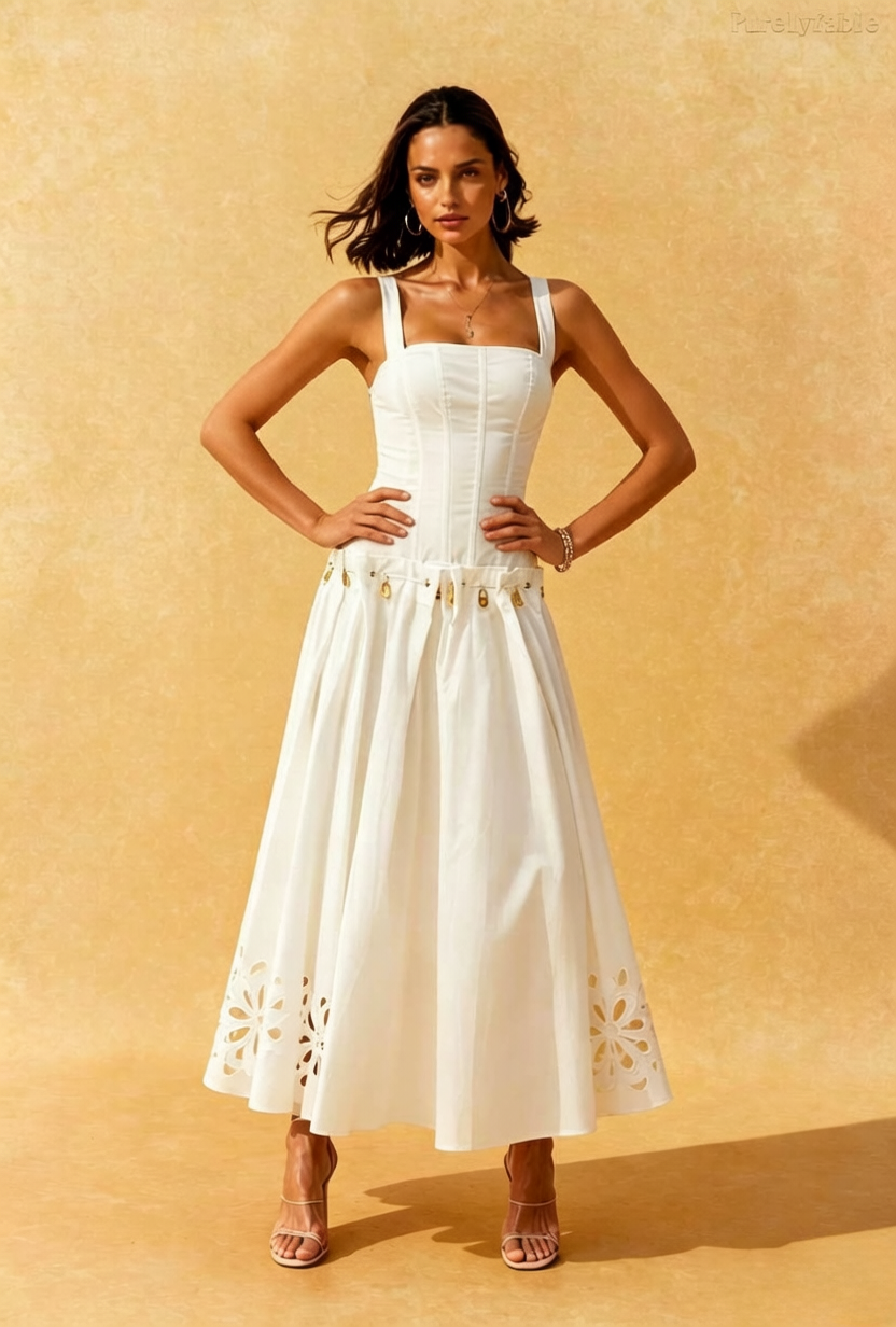 Helena White Square Neck Waist Hollow Flower Dress