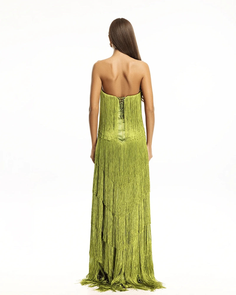 Valentina Green Strapless Multi-layered Fringe Dress
