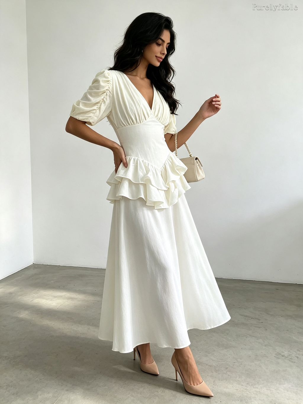 Camilla  Orange Ruffle V-Neck Puff Sleeve Dress