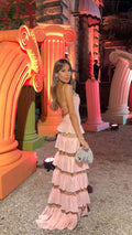 Nora Pink Striped Layered Frill Sleeveless Evening Dress