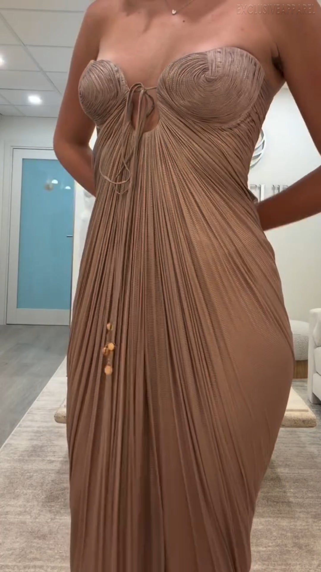 Genesis Brown Color Strapless Open-Length Evening Gown