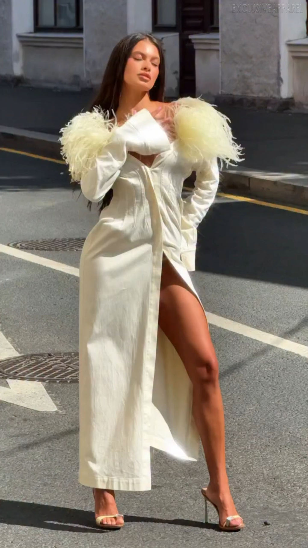 Katherine White Feather Shoulder-Padded Slit Long Dress
