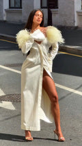 Katherine White Feather Shoulder-Padded Slit Long Dress