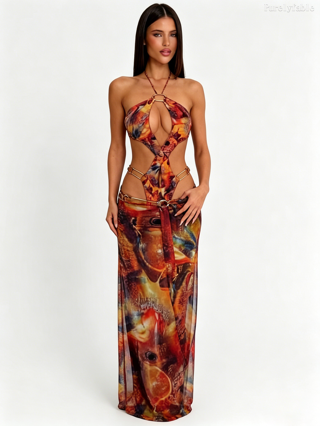 Elara Printed Cut-Out Halter Dress Set