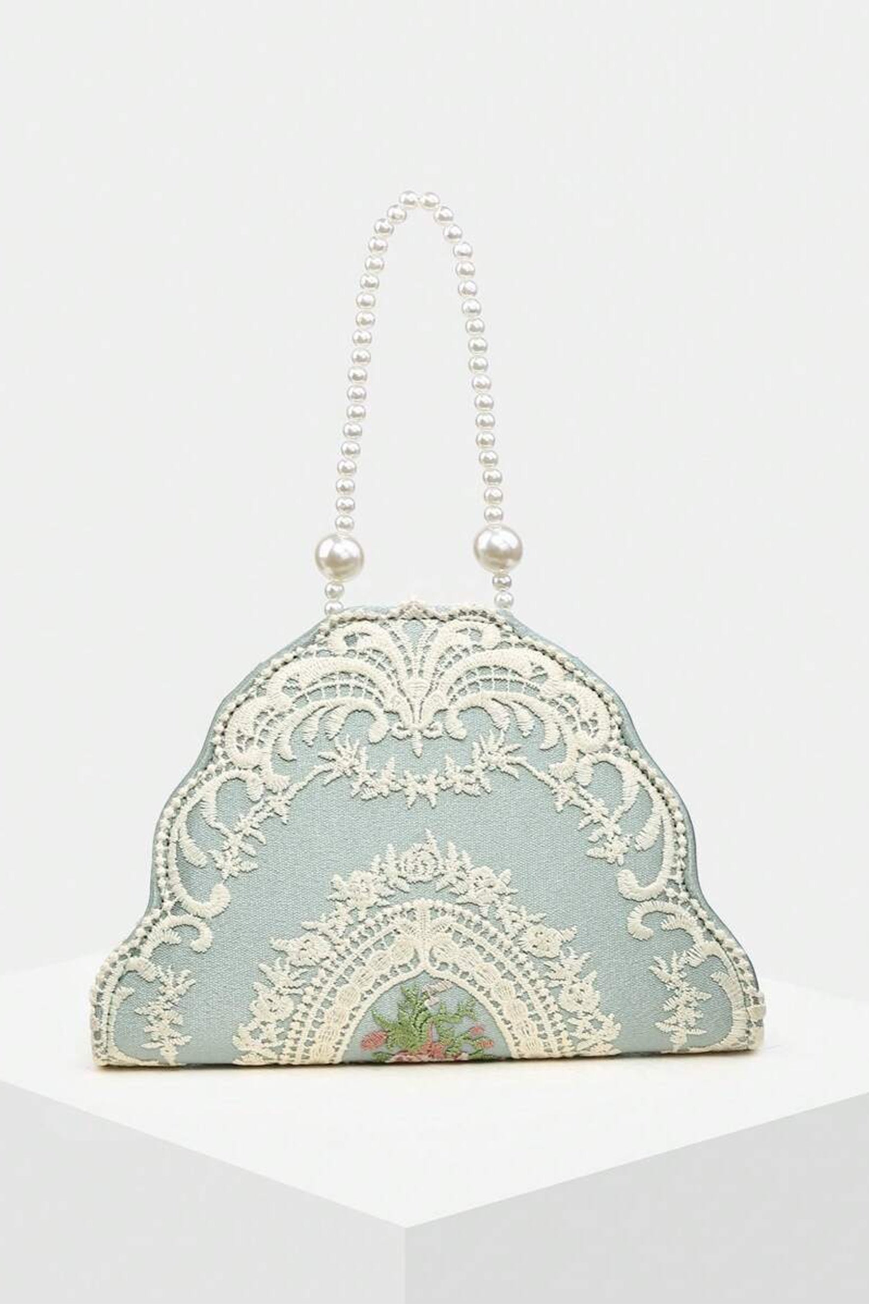 Lace Embroidery Pearl Strap Handle Bag