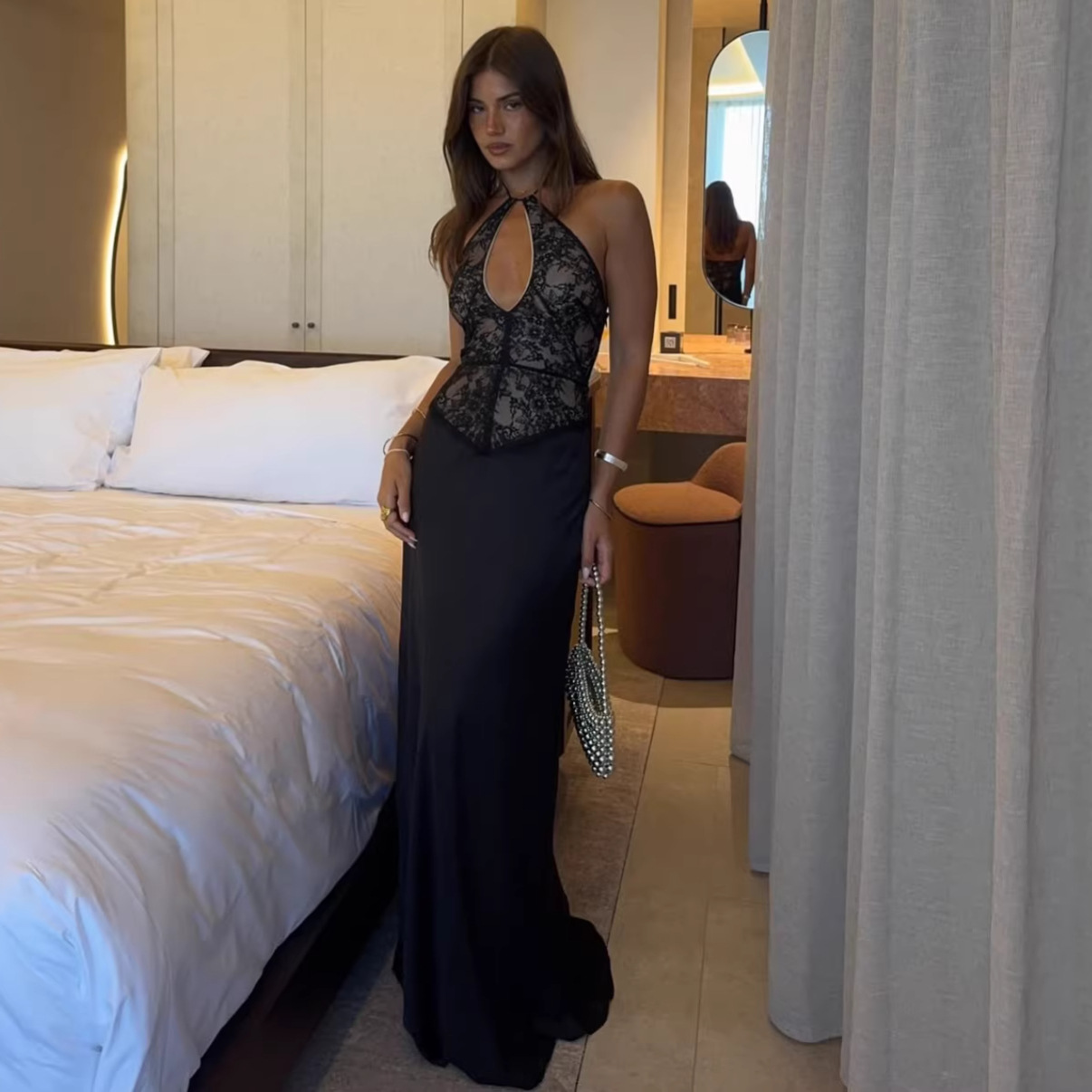 Everly neckline lace long dress