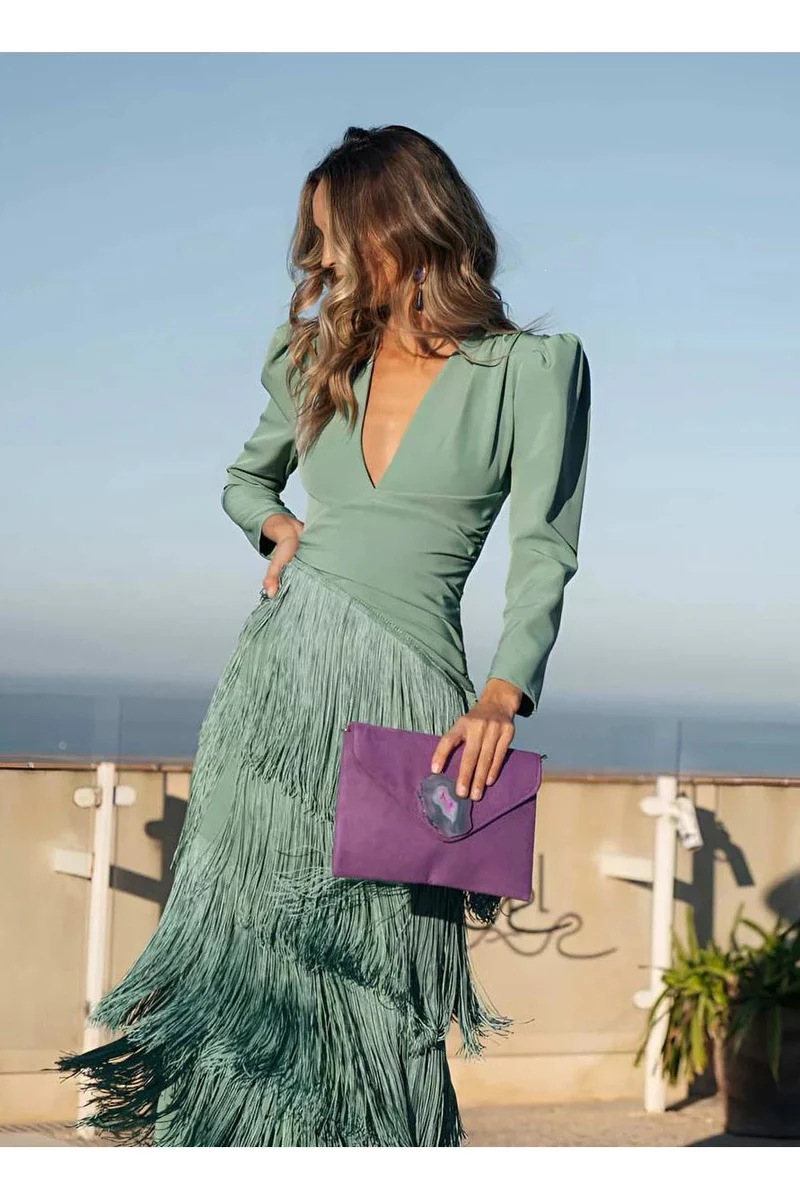 Sophia Deep V Fringe Fitted Maxi Dress
