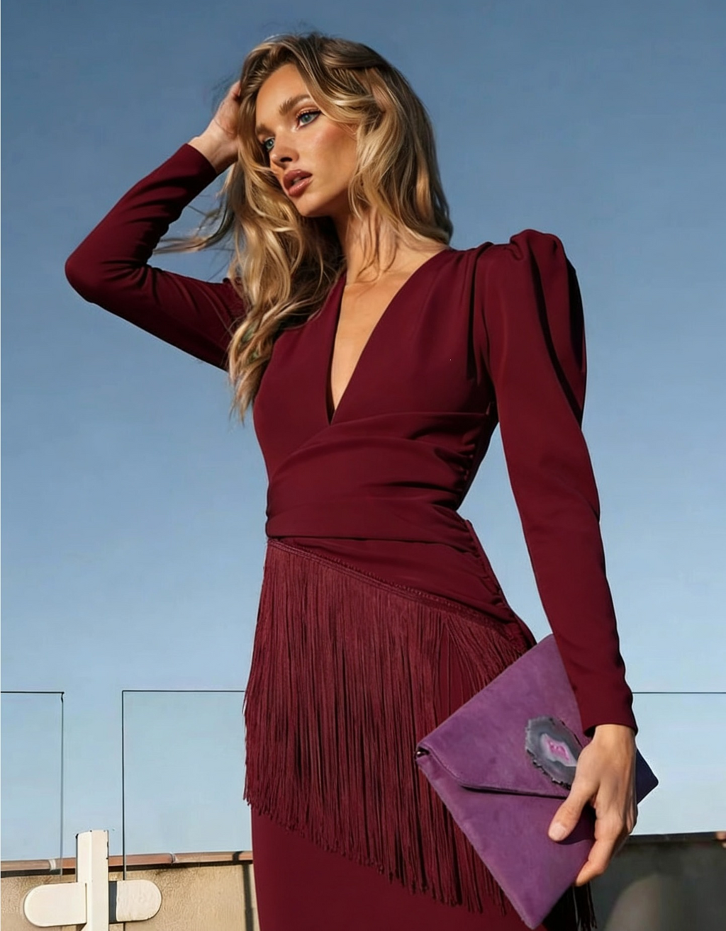 Sophia Deep V Fringe Fitted Maxi Dress