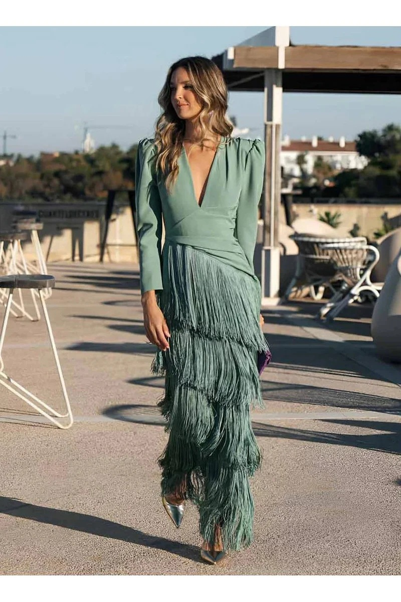Sophia Deep V Fringe Fitted Maxi Dress