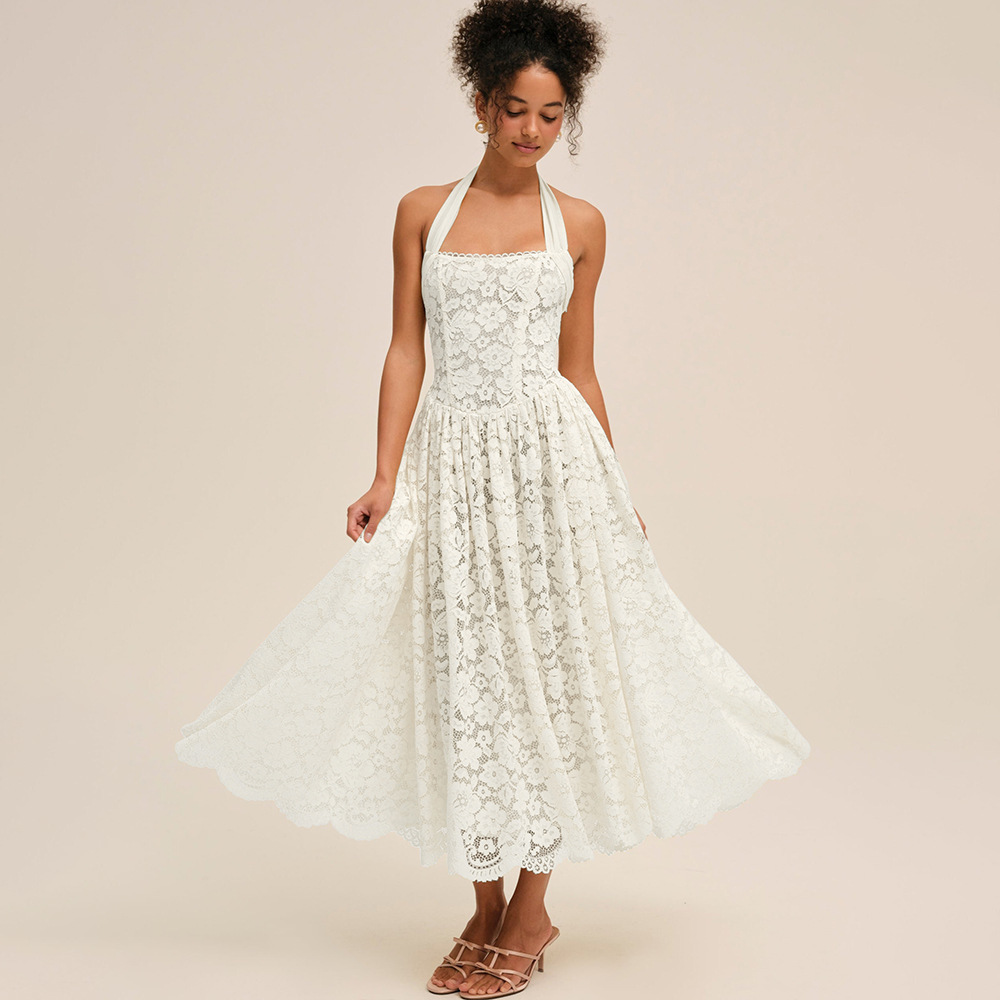 Alba Halter Neck Lace Open Back Midi Dress