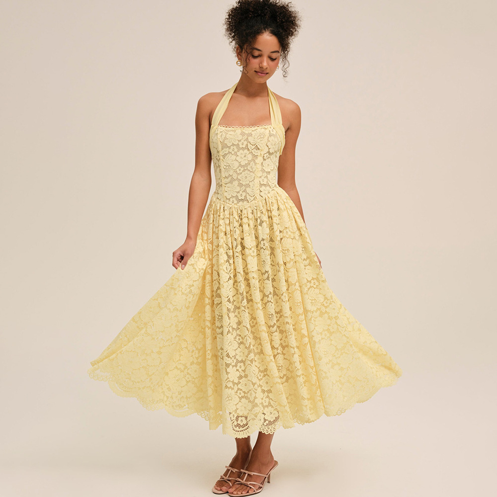 Alba Halter Neck Lace Open Back Midi Dress