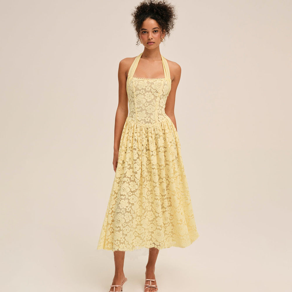 Alba Halter Neck Lace Open Back Midi Dress