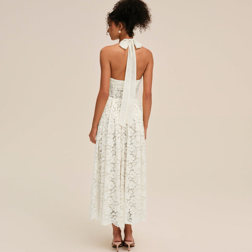 Alba Halter Neck Lace Open Back Midi Dress