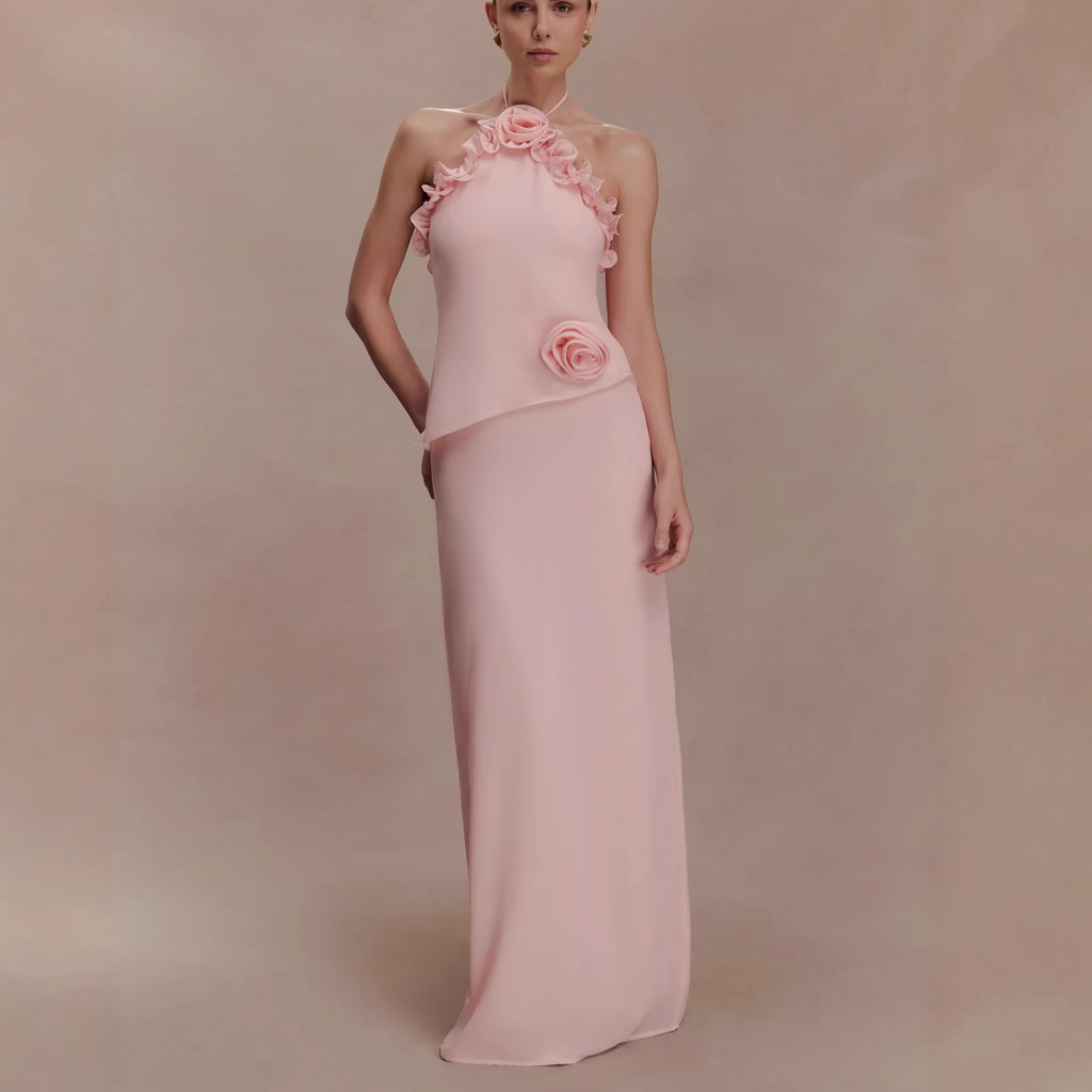 Olivia Halter Neck 3D Floral Maxi Dress In Pink