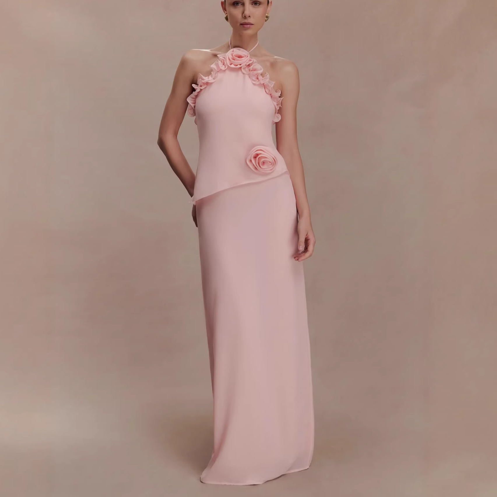 Olivia Halter Neck 3D Floral Maxi Dress In Pink