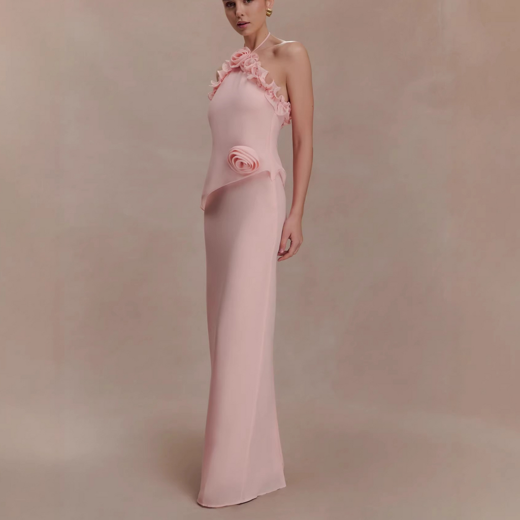 Olivia Halter Neck 3D Floral Maxi Dress In Pink