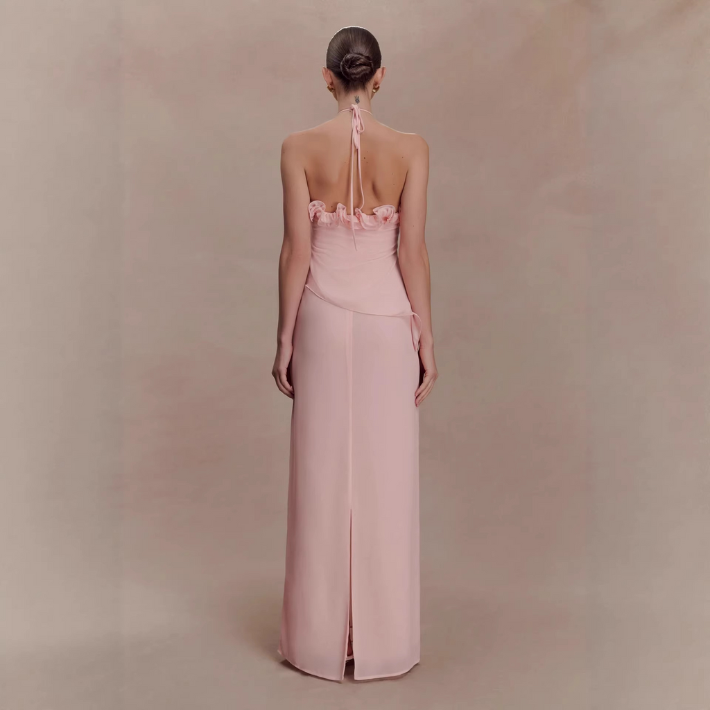 Olivia Halter Neck 3D Floral Maxi Dress In Pink