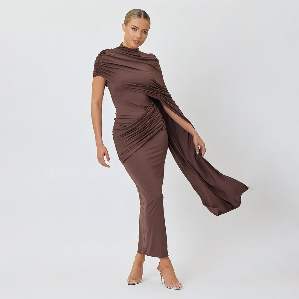 Aurora Round Neck Spliced Ribbon Fitted Maxi Dress In Brown