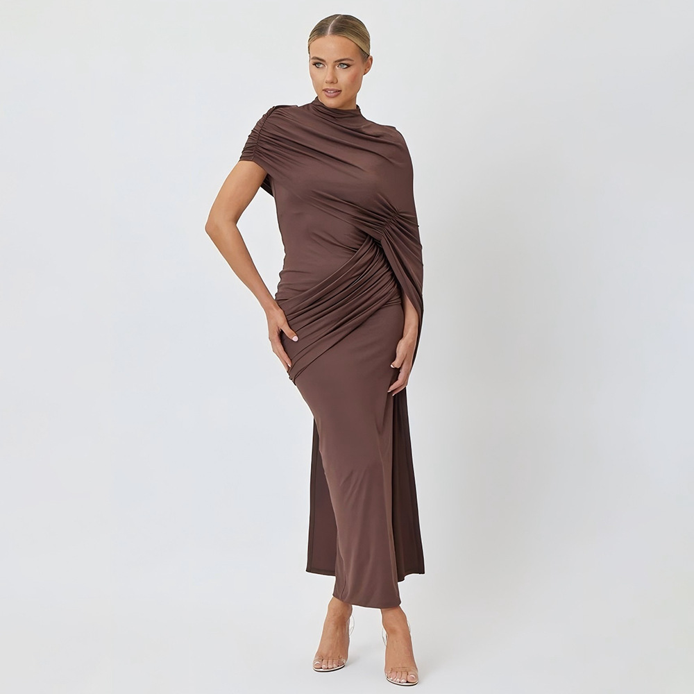 Aurora Round Neck Spliced Ribbon Fitted Maxi Dress In Brown