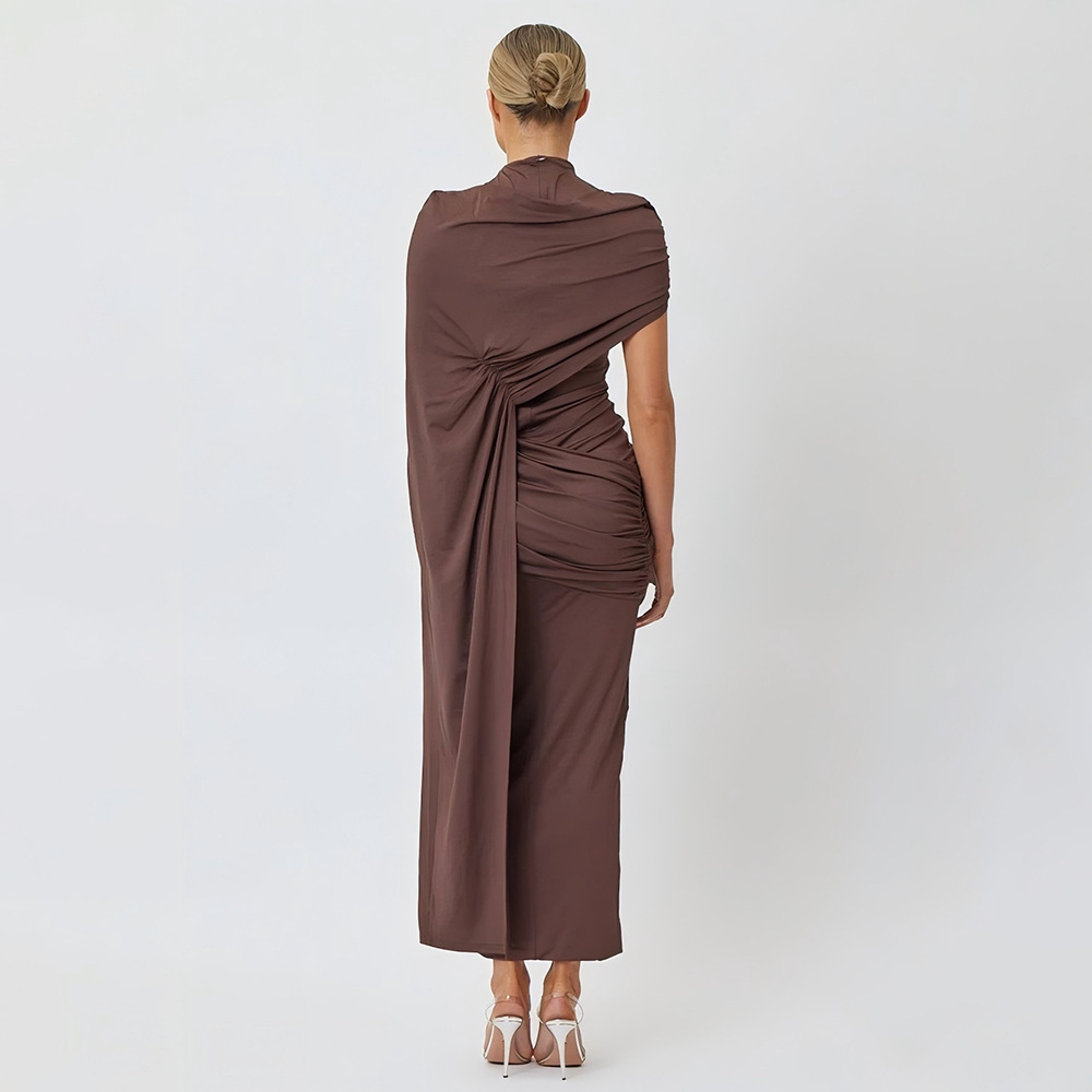 Aurora Round Neck Spliced Ribbon Fitted Maxi Dress In Brown