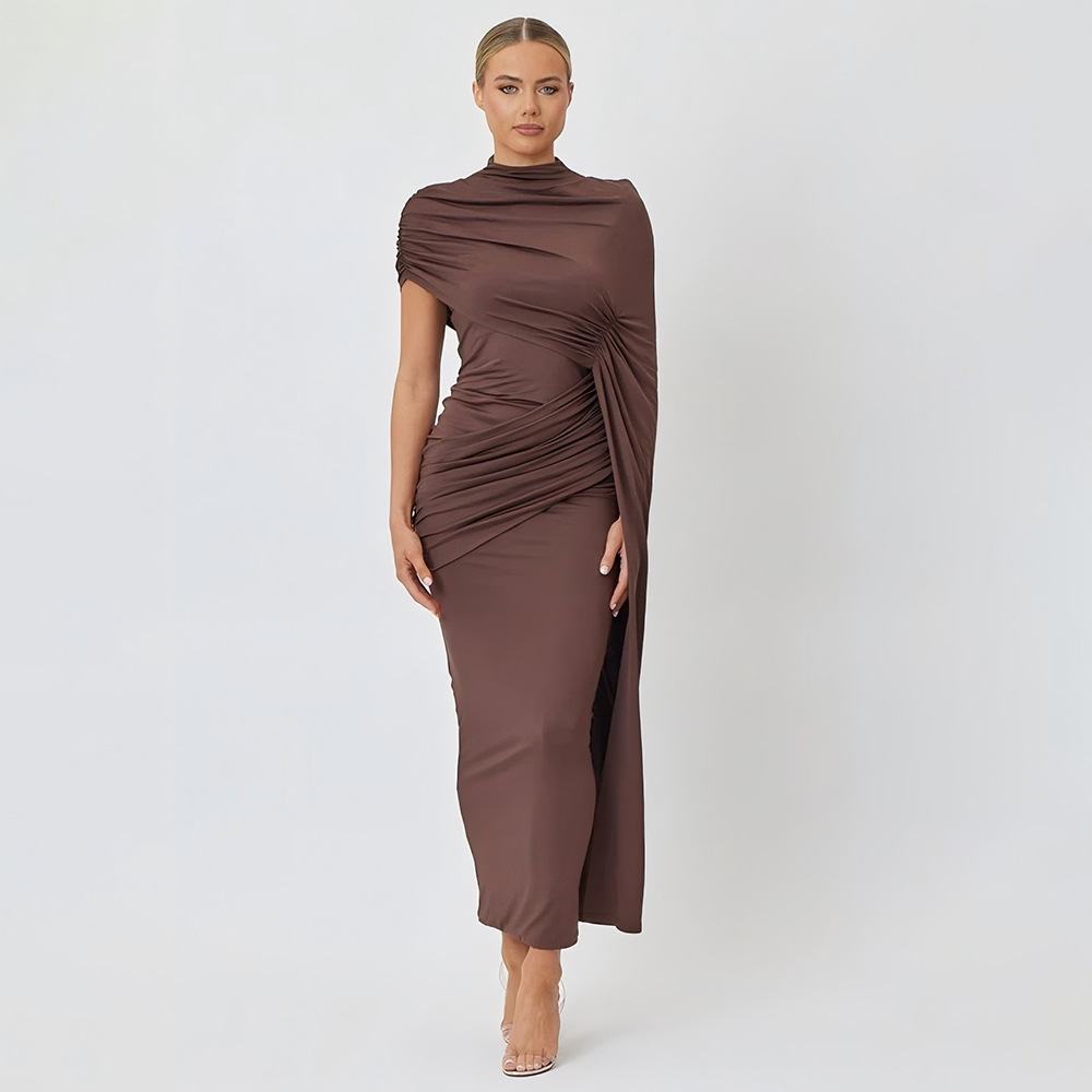 Aurora Round Neck Spliced Ribbon Fitted Maxi Dress In Brown