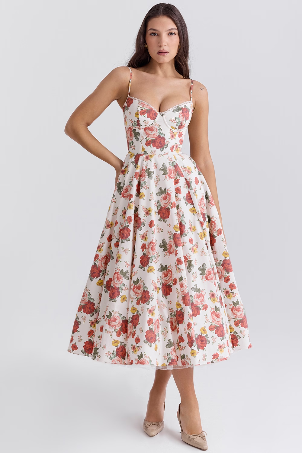 Aleah Fishbone Waist-Cinching Cami Midi Dress