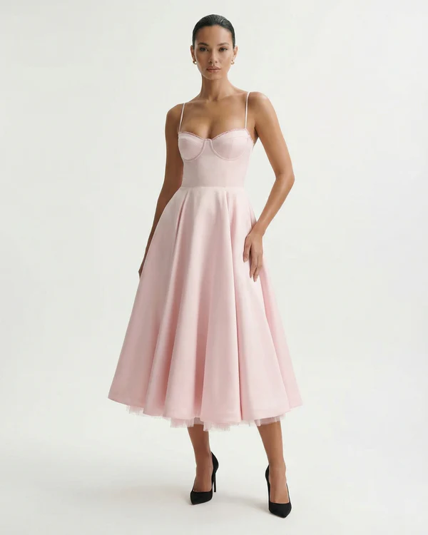 Aleah Fishbone Waist-Cinching Cami Midi Dress