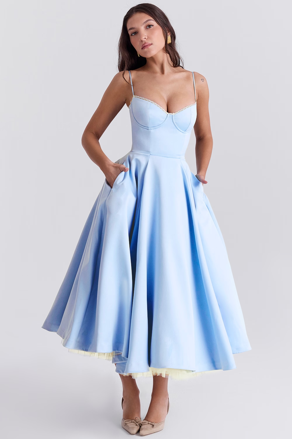 Aleah Fishbone Waist-Cinching Cami Midi Dress