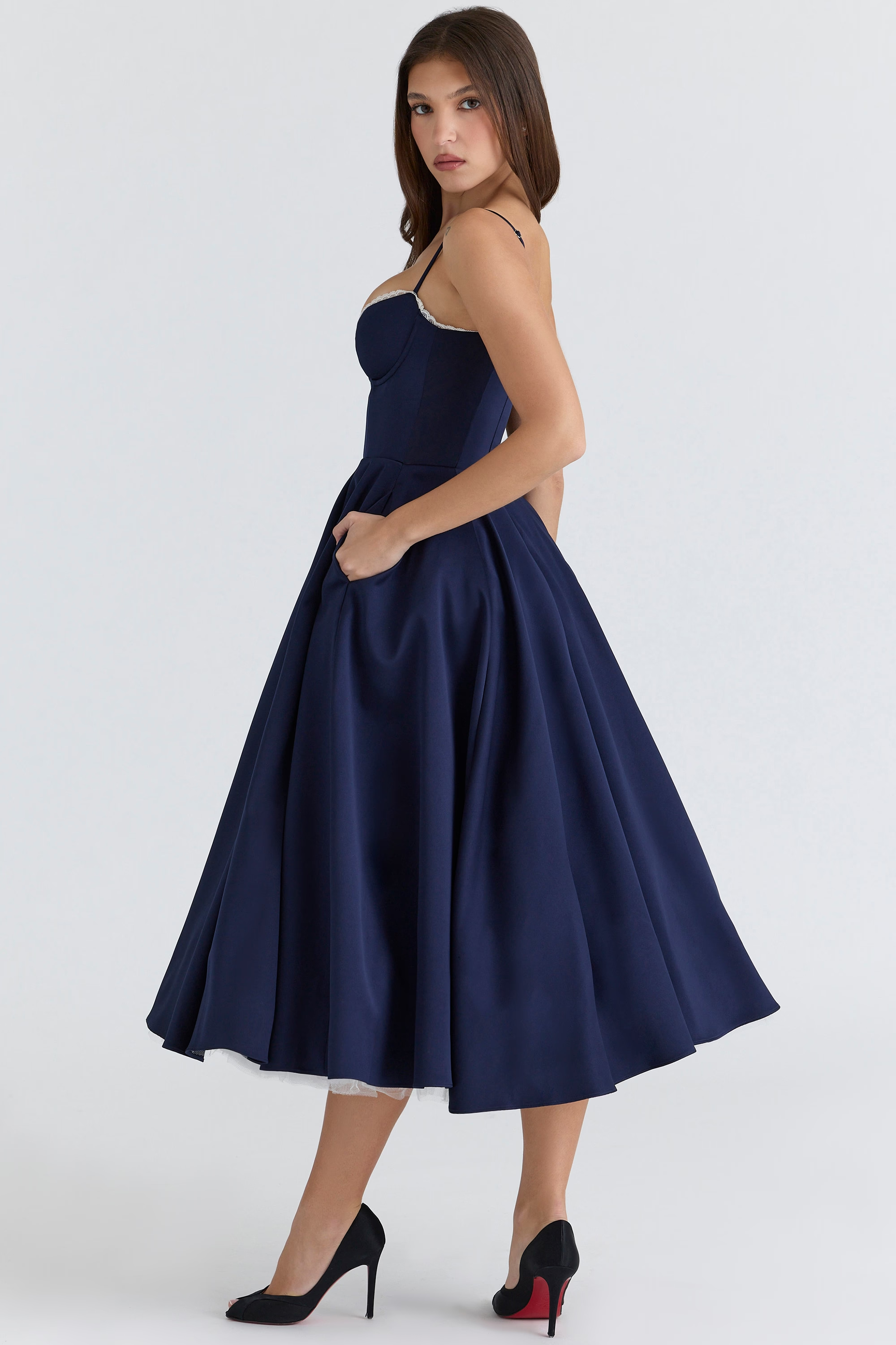 Aleah Fishbone Waist-Cinching Cami Midi Dress