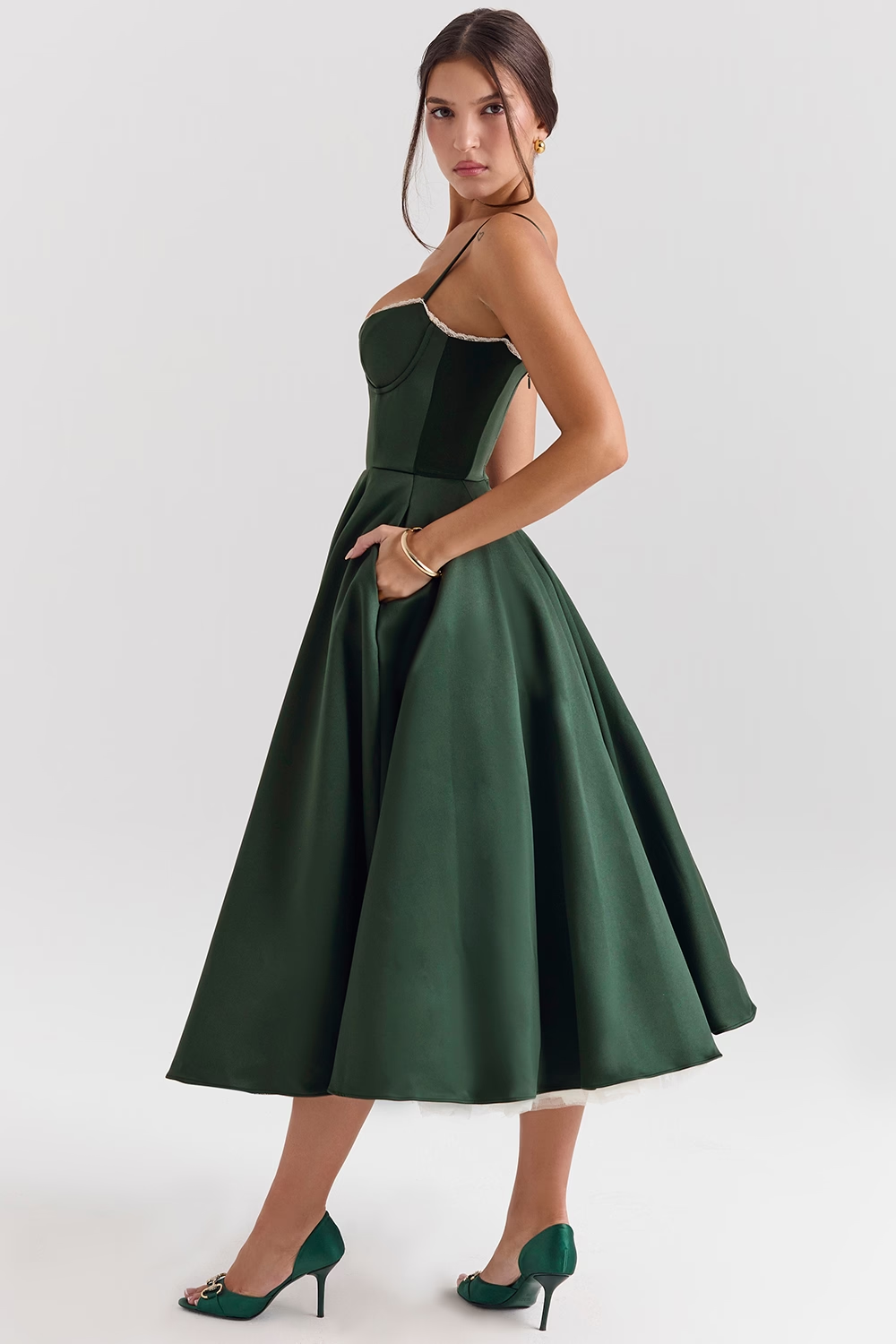 Aleah Fishbone Waist-Cinching Cami Midi Dress
