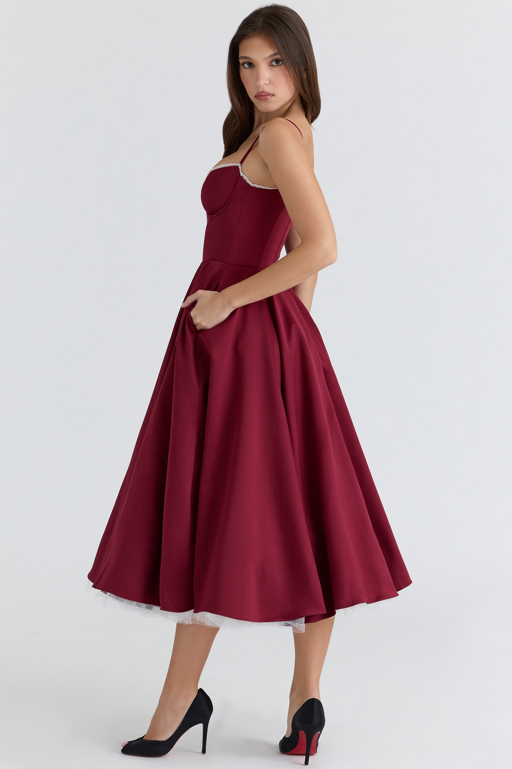 Aleah Fishbone Waist-Cinching Cami Midi Dress