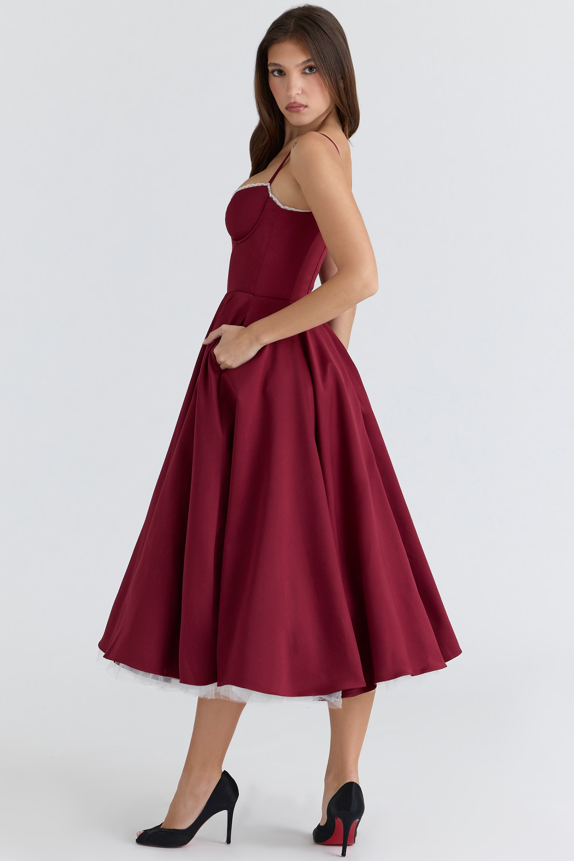 Aleah Fishbone Waist-Cinching Cami Midi Dress