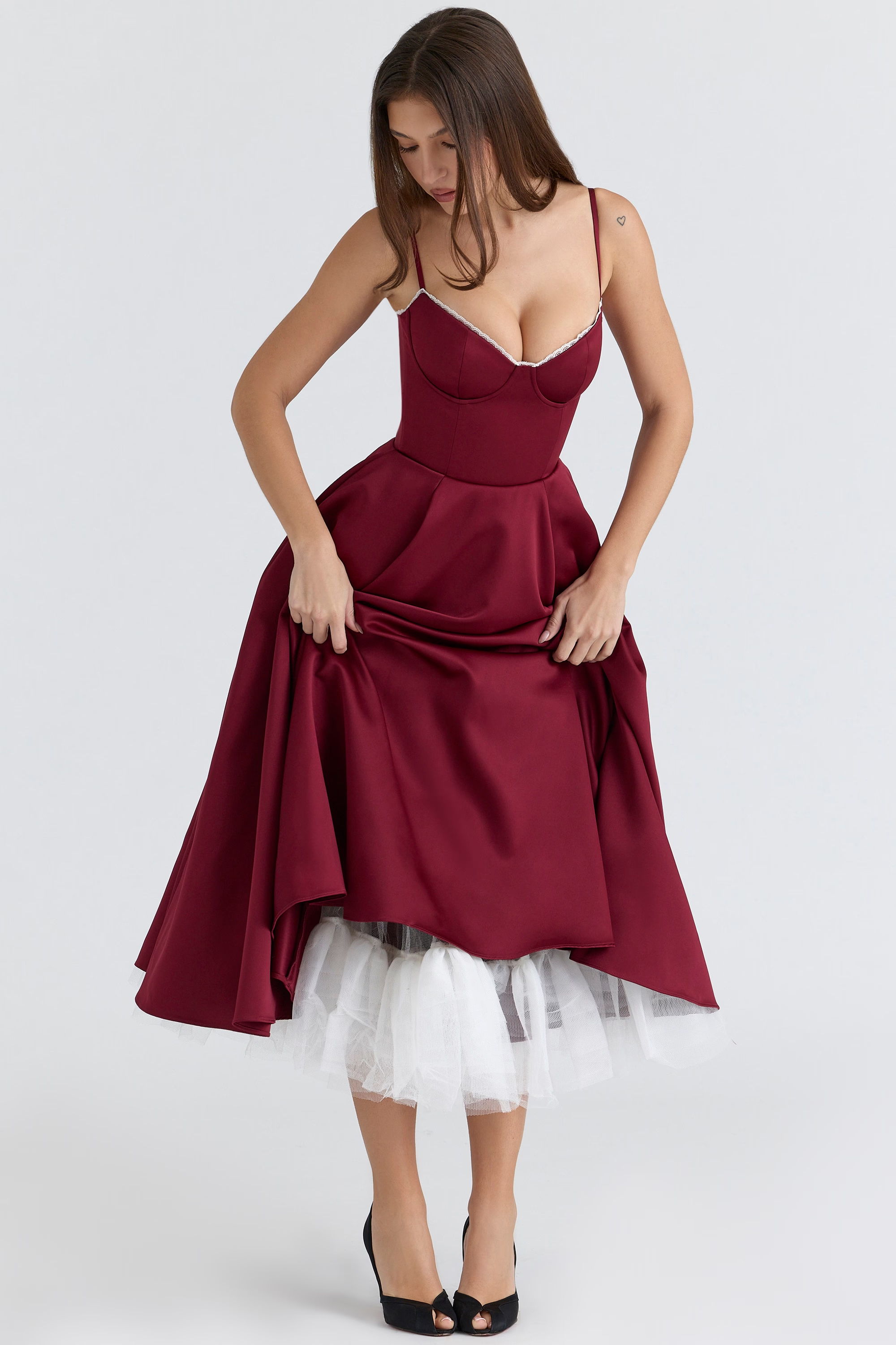 Aleah Fishbone Waist-Cinching Cami Midi Dress