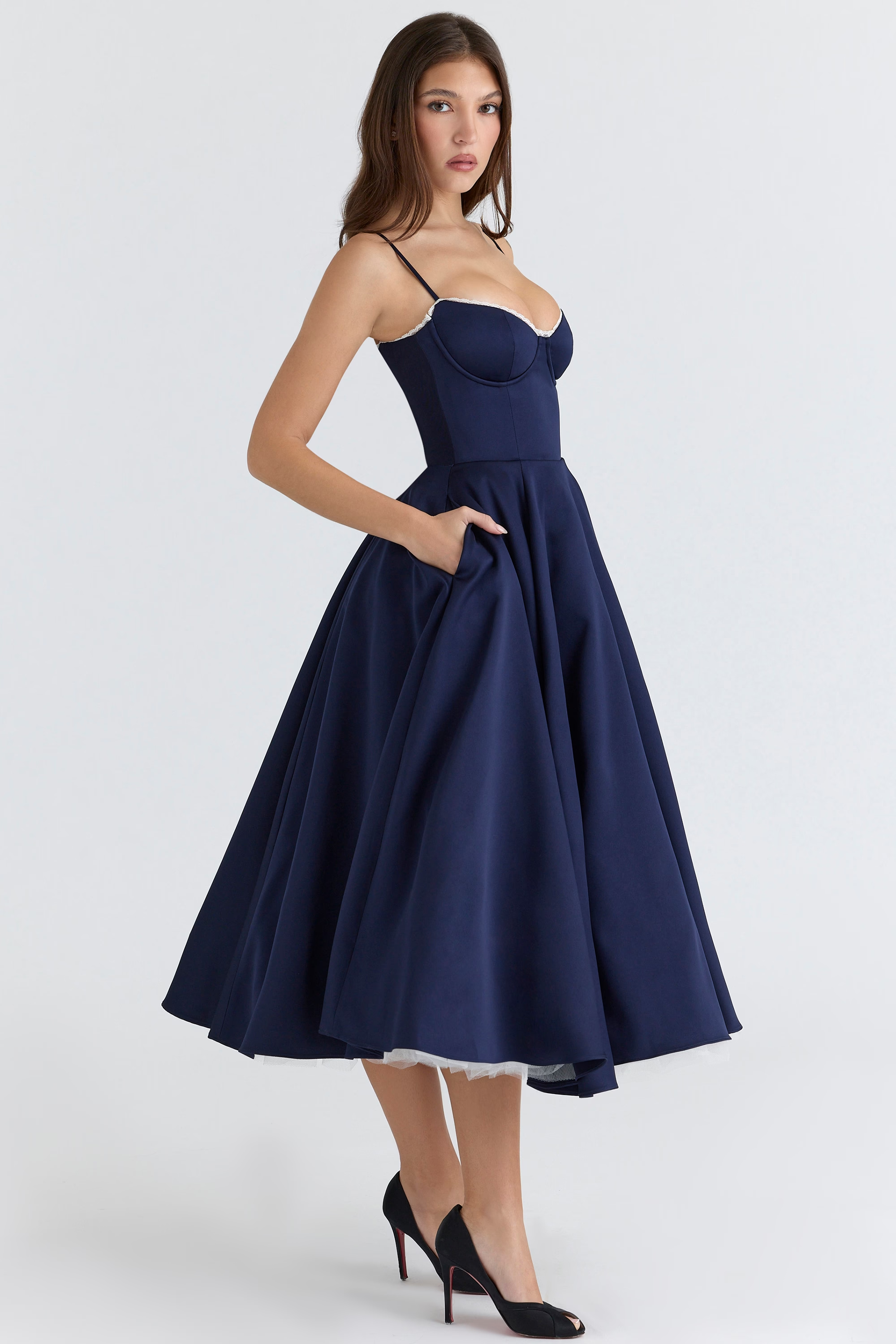Aleah Fishbone Waist-Cinching Cami Midi Dress