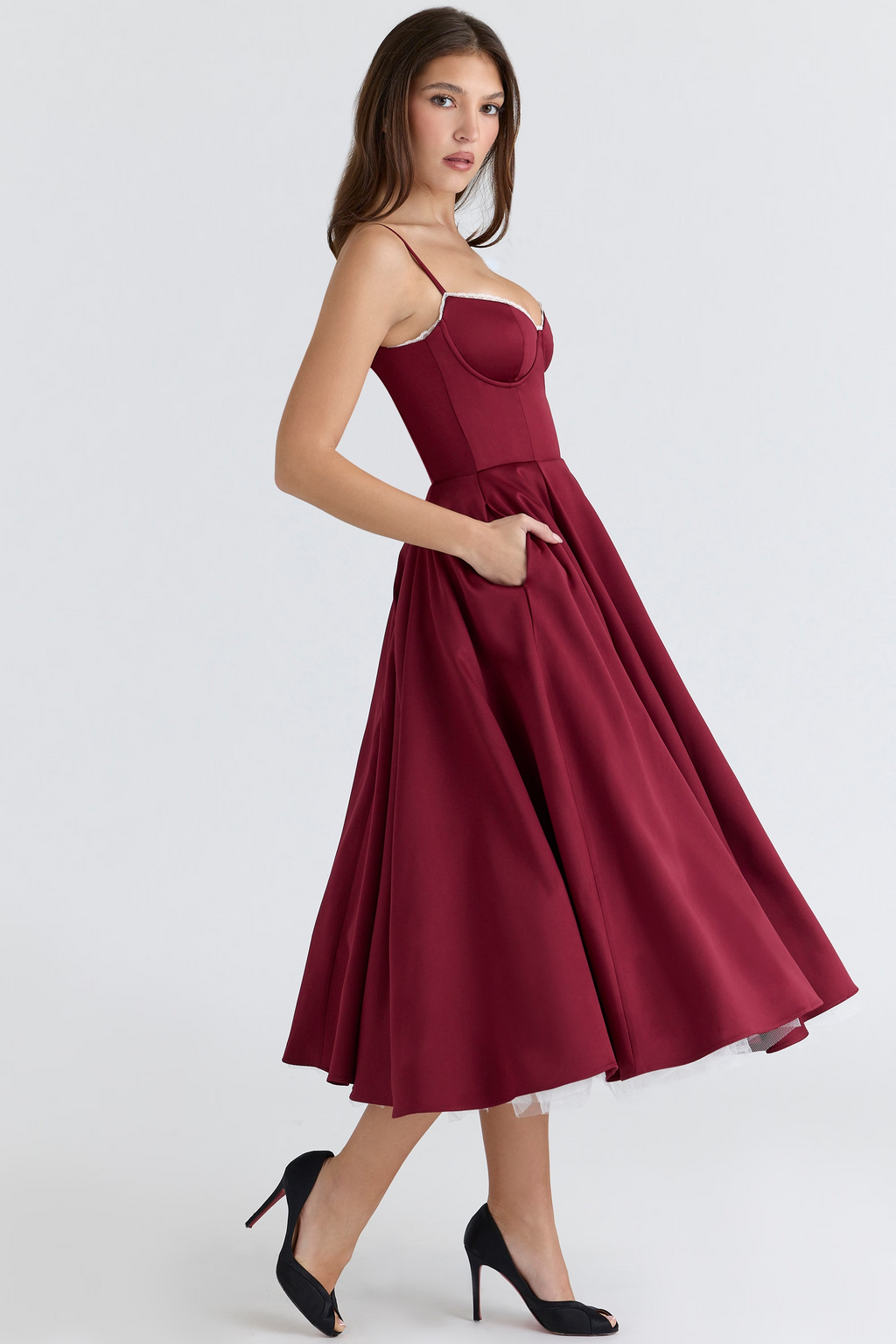 Aleah Fishbone Waist-Cinching Cami Midi Dress