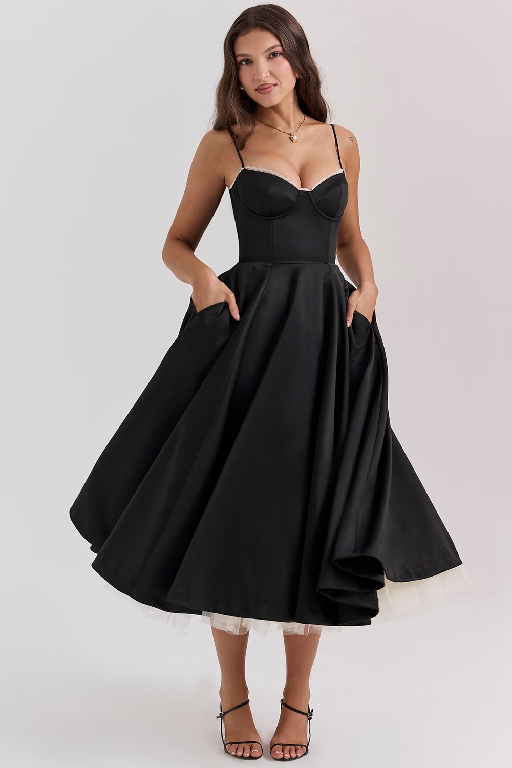 Aleah Fishbone Waist-Cinching Cami Midi Dress