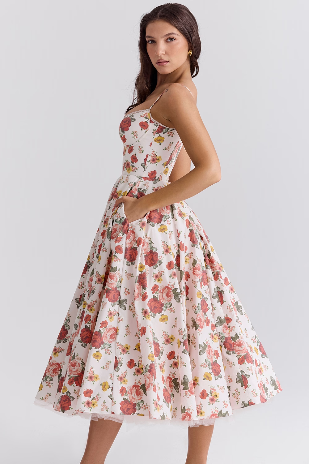 Aleah Fishbone Waist-Cinching Cami Midi Dress