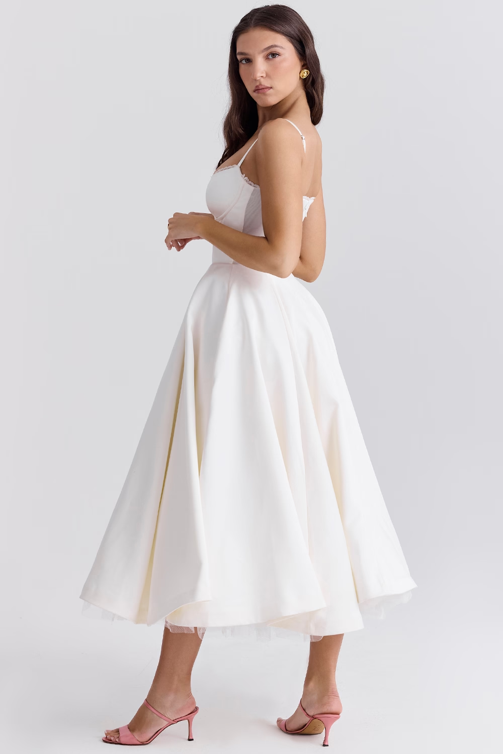 Aleah Fishbone Waist-Cinching Cami Midi Dress