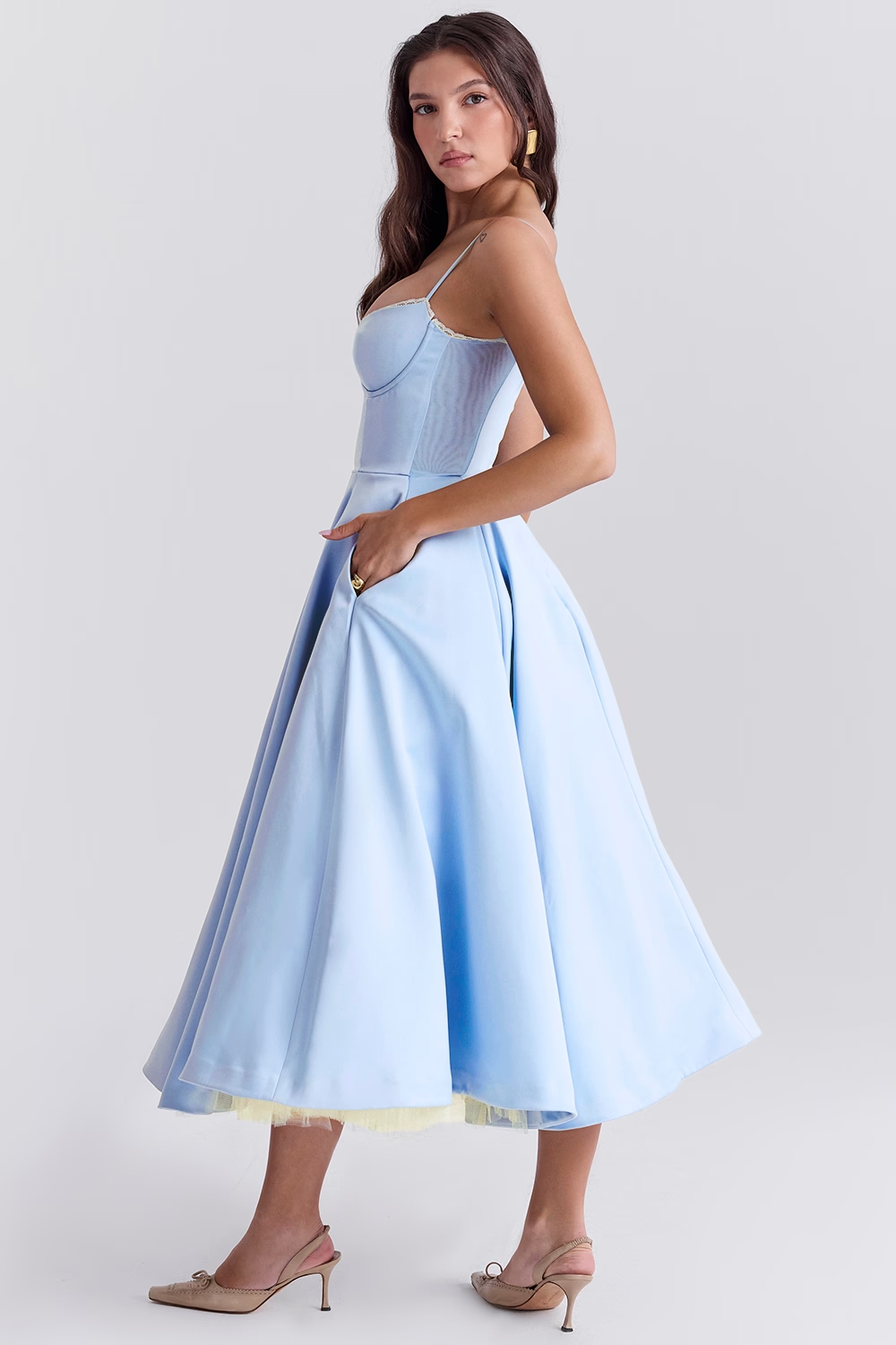 Aleah Fishbone Waist-Cinching Cami Midi Dress