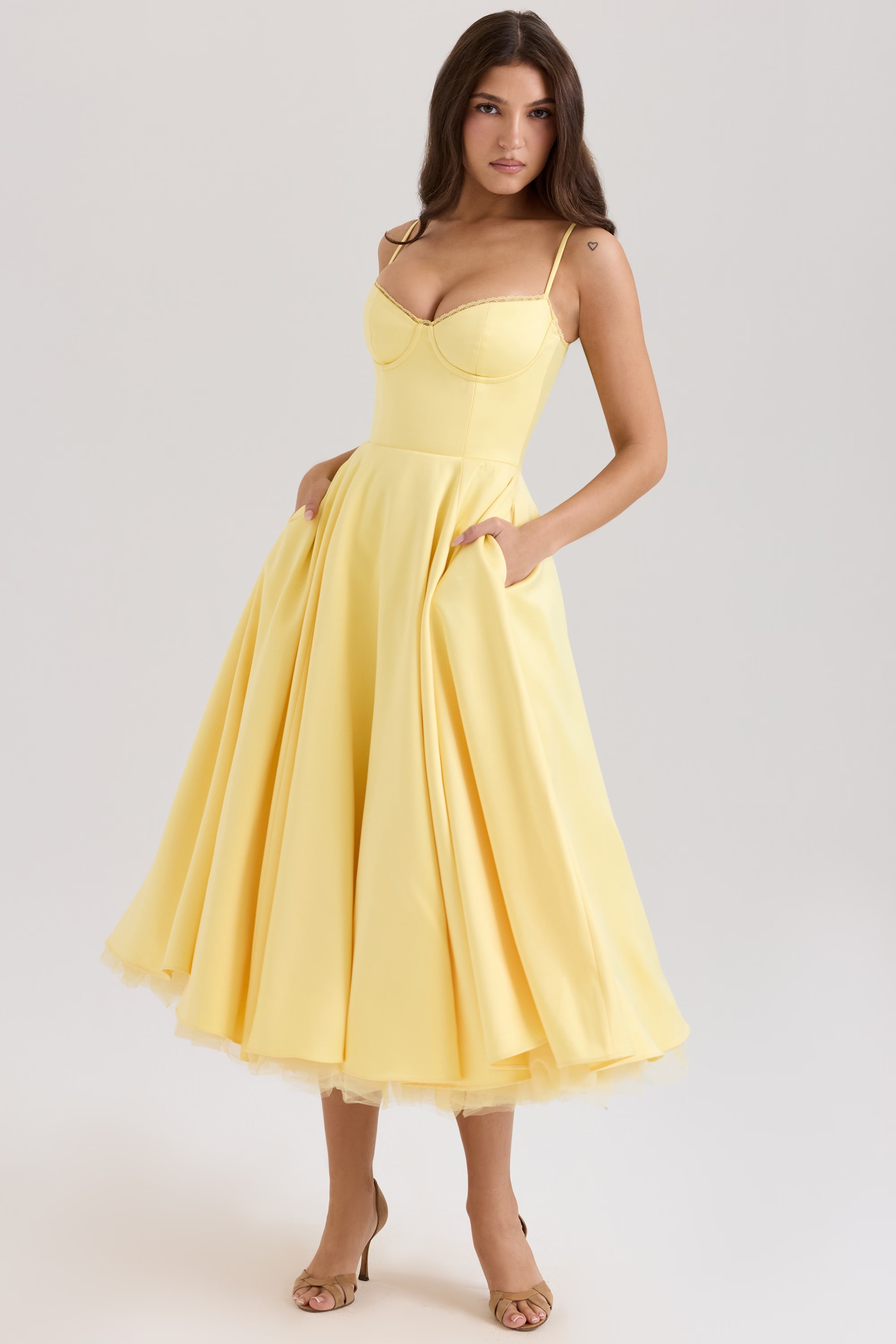 Aleah Fishbone Waist-Cinching Cami Midi Dress