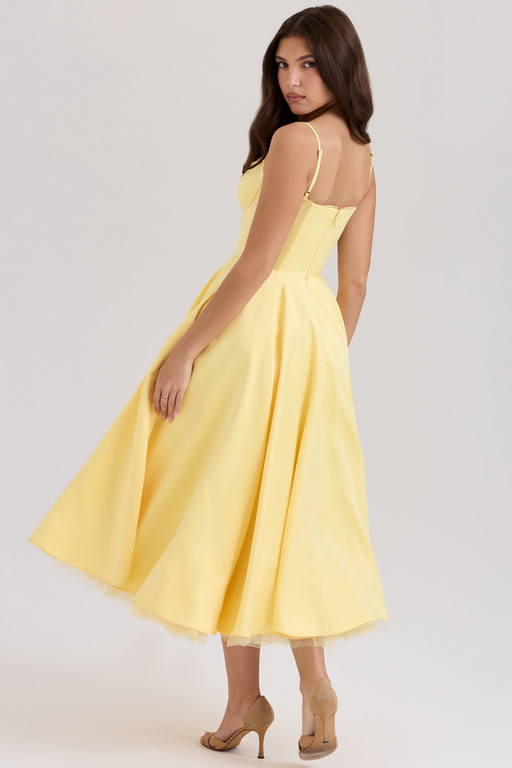 Aleah Fishbone Waist-Cinching Cami Midi Dress