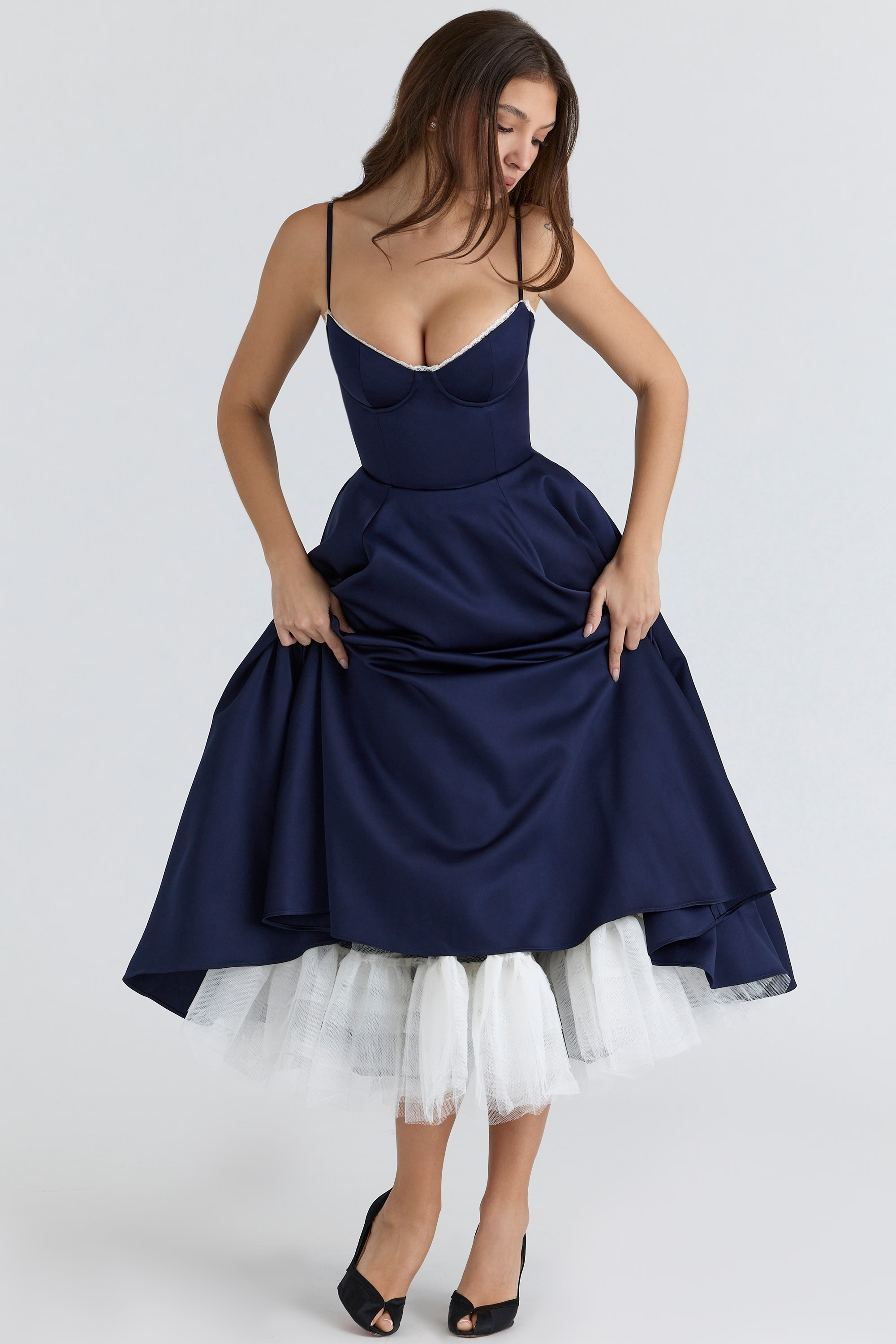 Aleah Fishbone Waist-Cinching Cami Midi Dress