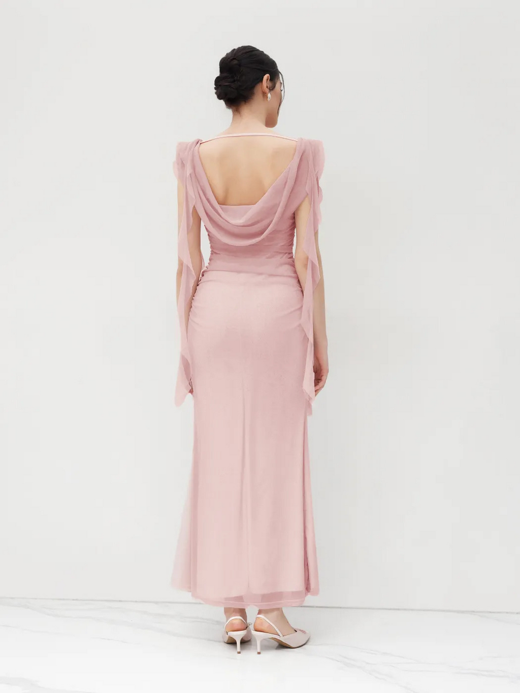 Ariadne Spliced Ruffled Slim Mesh Maxi Dress